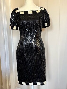 Vintage A.J. Bari Checkered Sequin Sheath Dress Short Sleeve with Contrast Trim